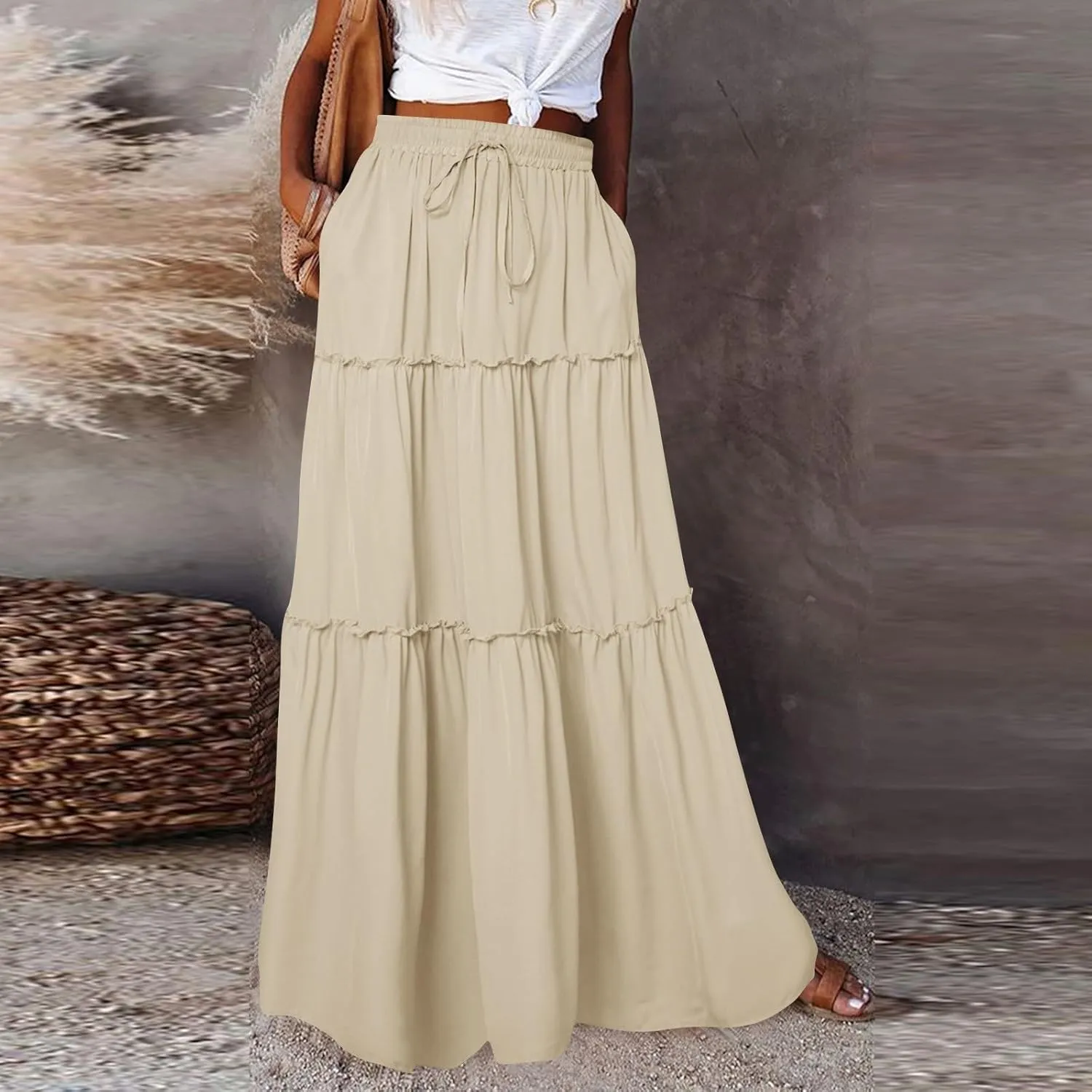 2025 Flowy Maxi Skirts for Women, Trendy Vacation Casual High Waisted Boho Long Skirt