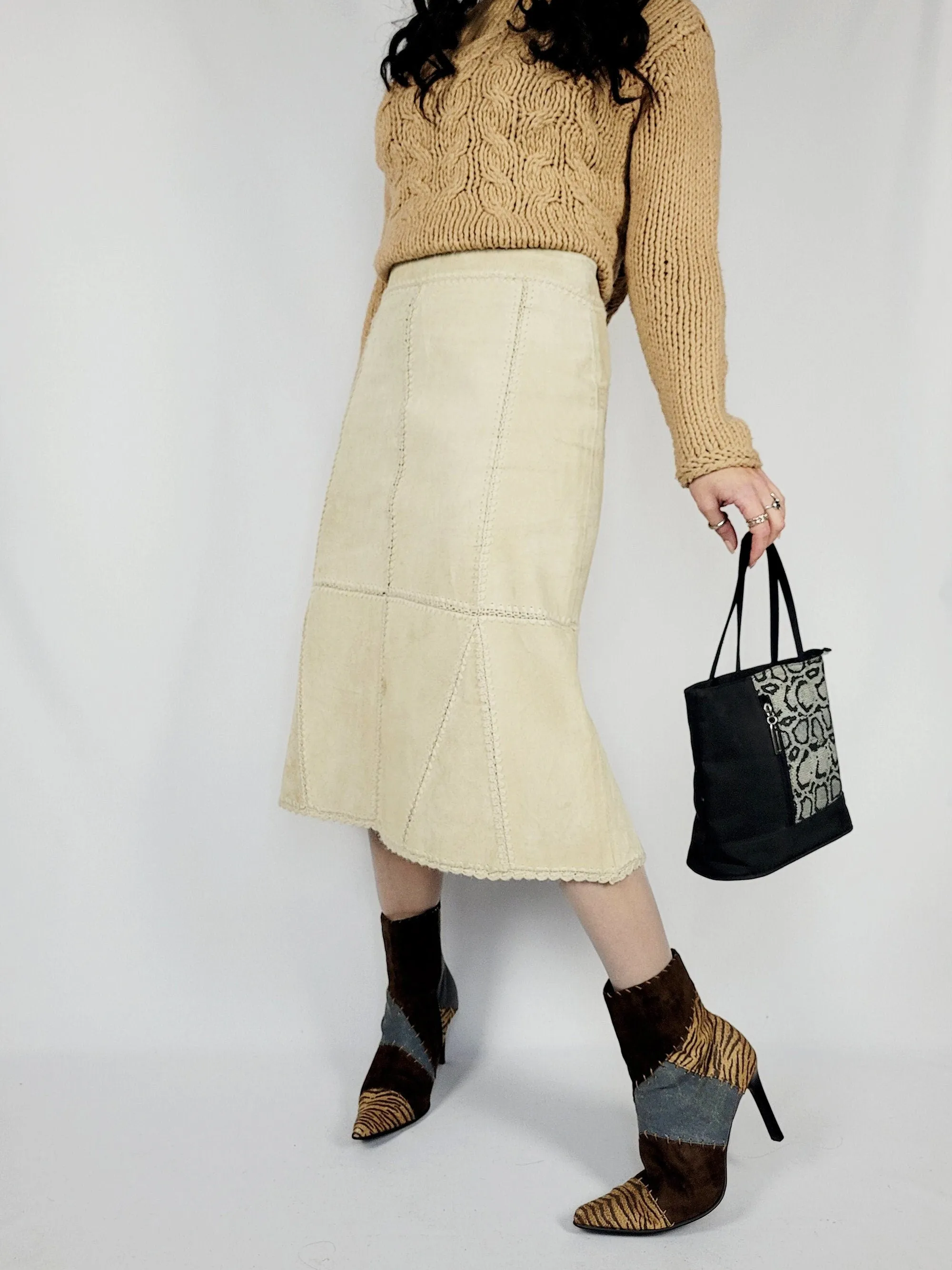90s beige suede leather midi patchwork minimalist skirt