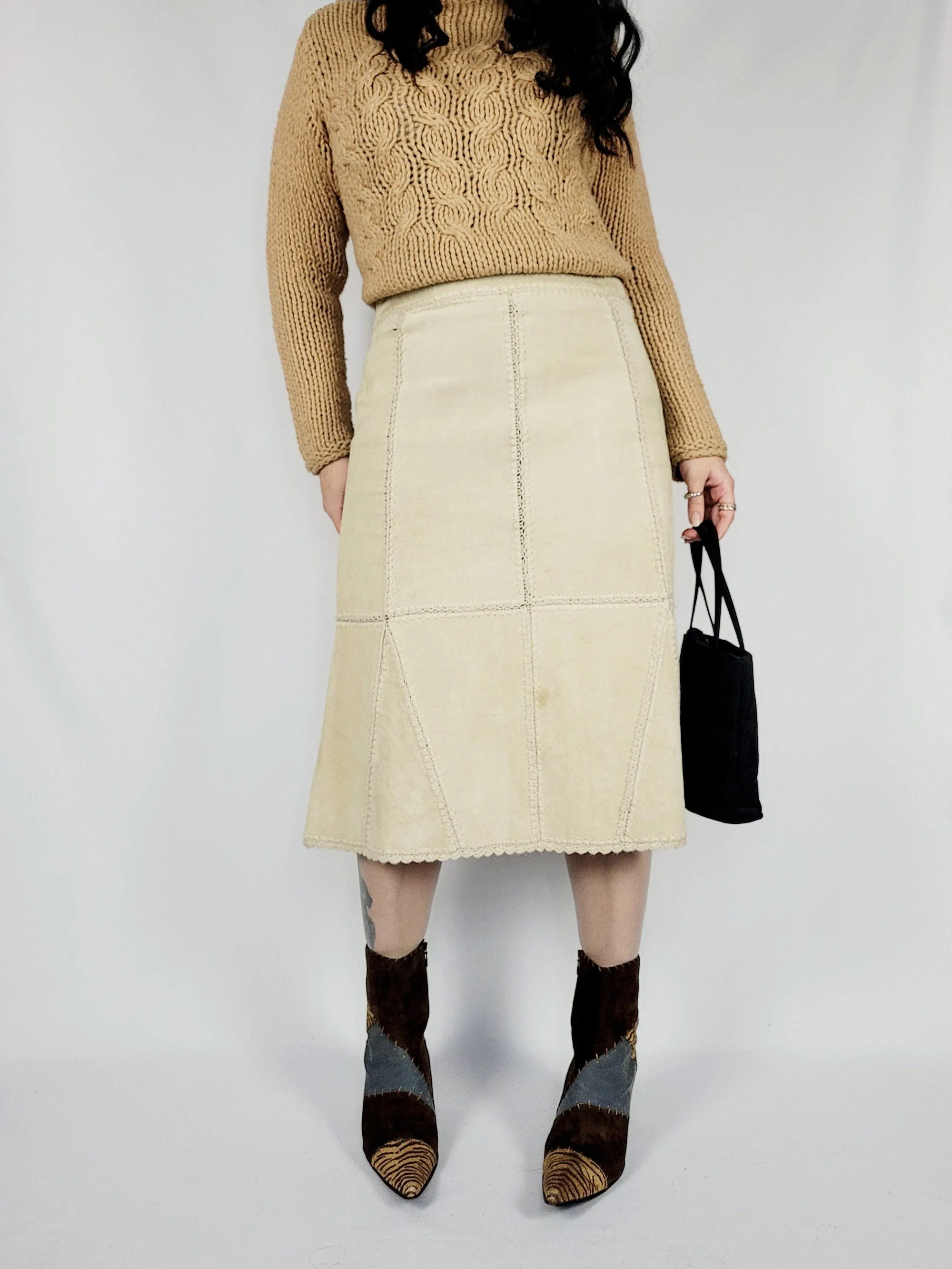 90s beige suede leather midi patchwork minimalist skirt