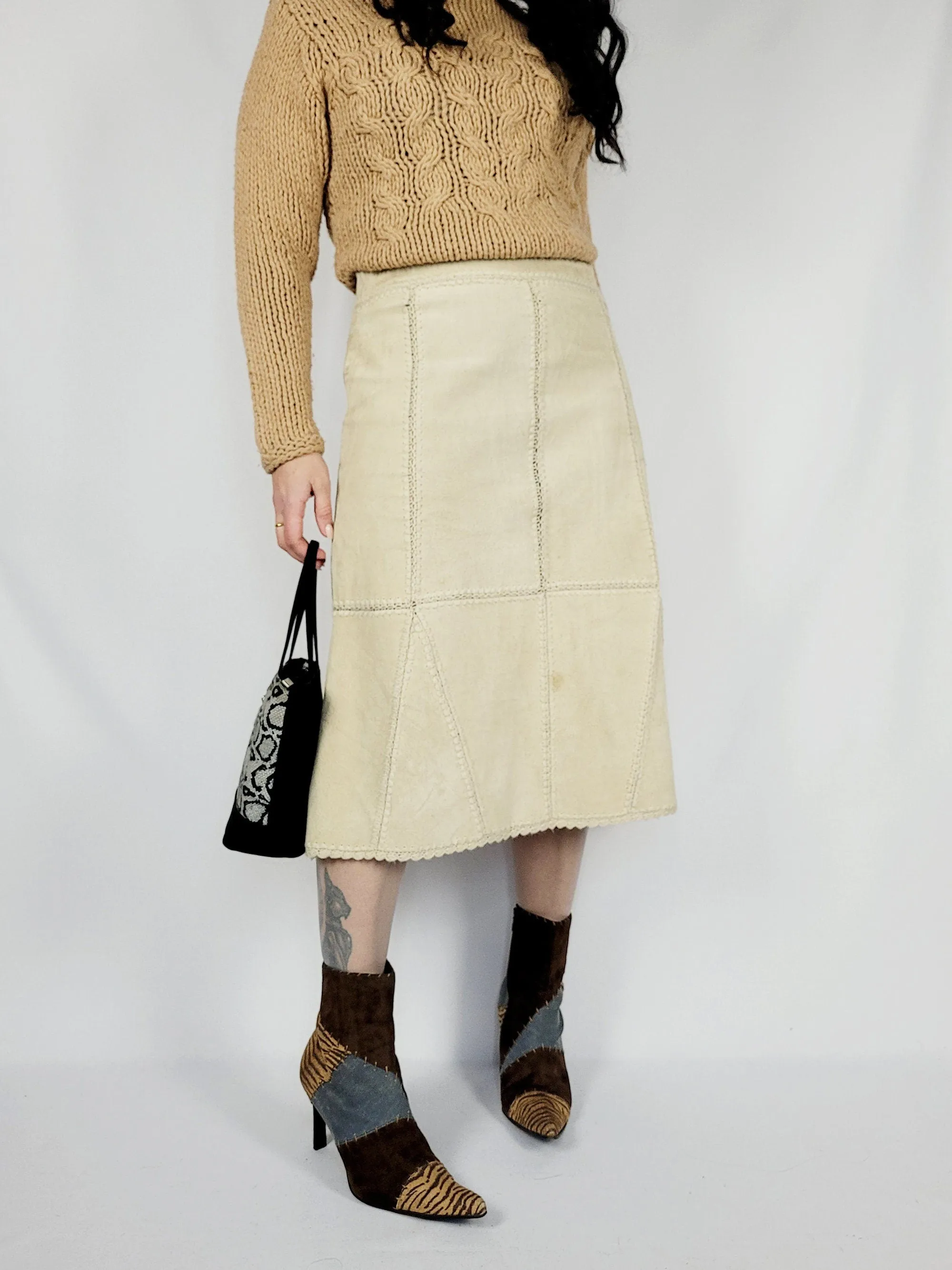 90s beige suede leather midi patchwork minimalist skirt