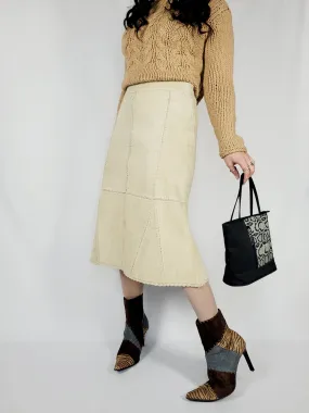 90s beige suede leather midi patchwork minimalist skirt