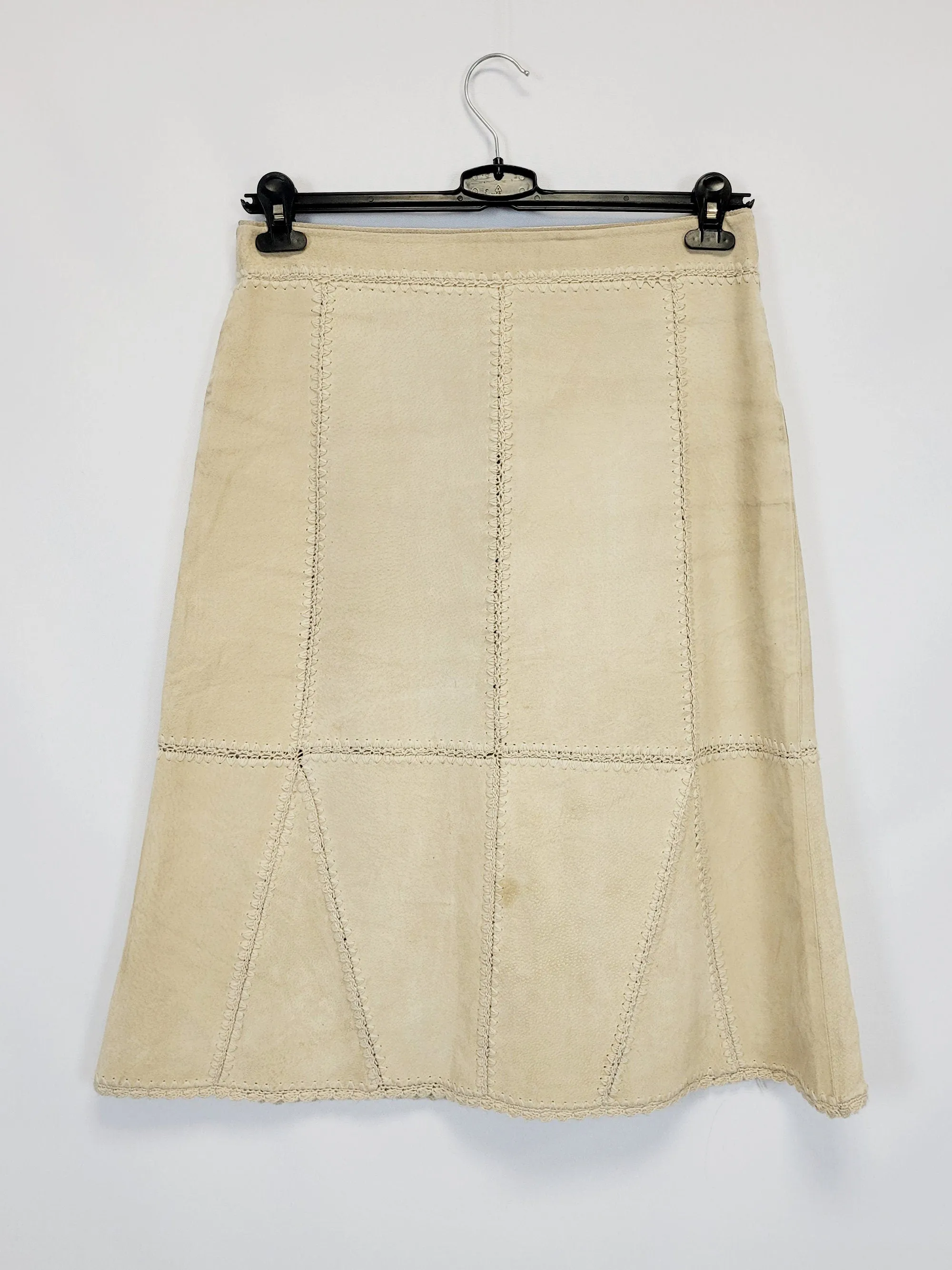 90s beige suede leather midi patchwork minimalist skirt