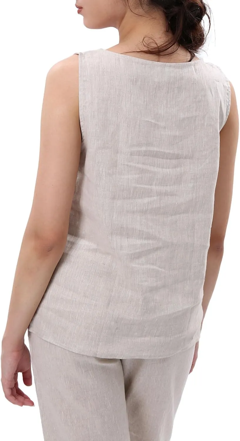 Amazhiyu Natural Linen Sleeveless Tank Tops Basic Summer Casual Crewneck Blouse