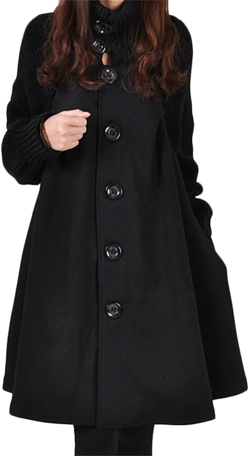 Andongnywell Women's Big Notch Lapel Single Breasted Mid-Long Wool Blend Coat Cloak Coat Jacket Winter A-line Skirt