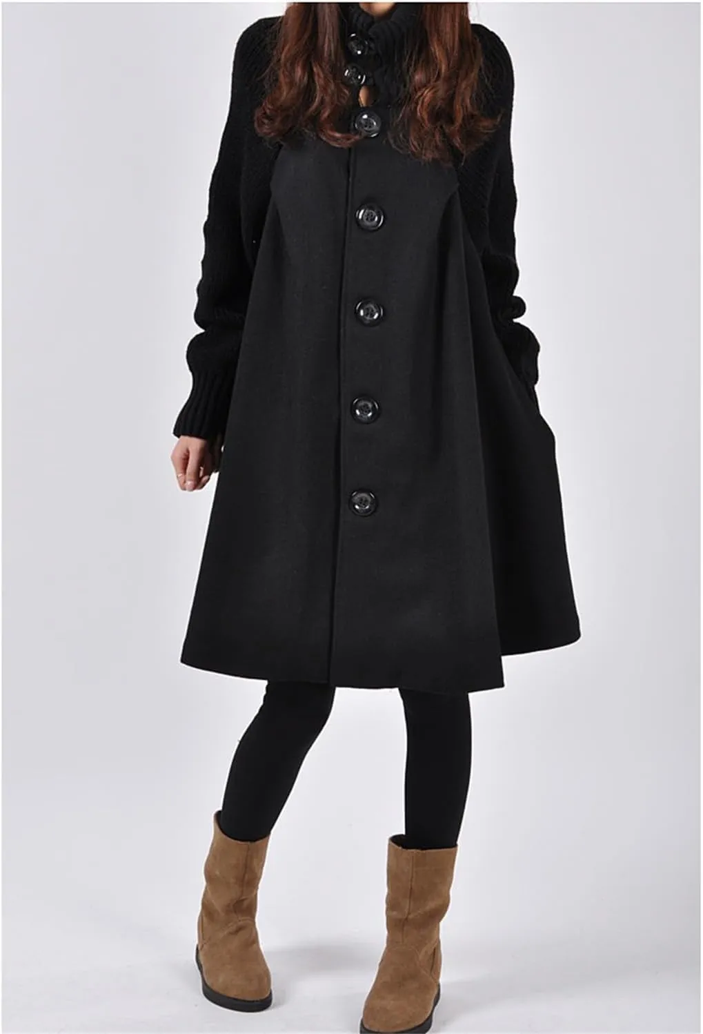 Andongnywell Women's Big Notch Lapel Single Breasted Mid-Long Wool Blend Coat Cloak Coat Jacket Winter A-line Skirt