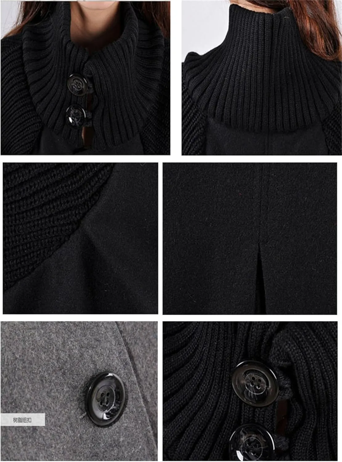 Andongnywell Women's Big Notch Lapel Single Breasted Mid-Long Wool Blend Coat Cloak Coat Jacket Winter A-line Skirt