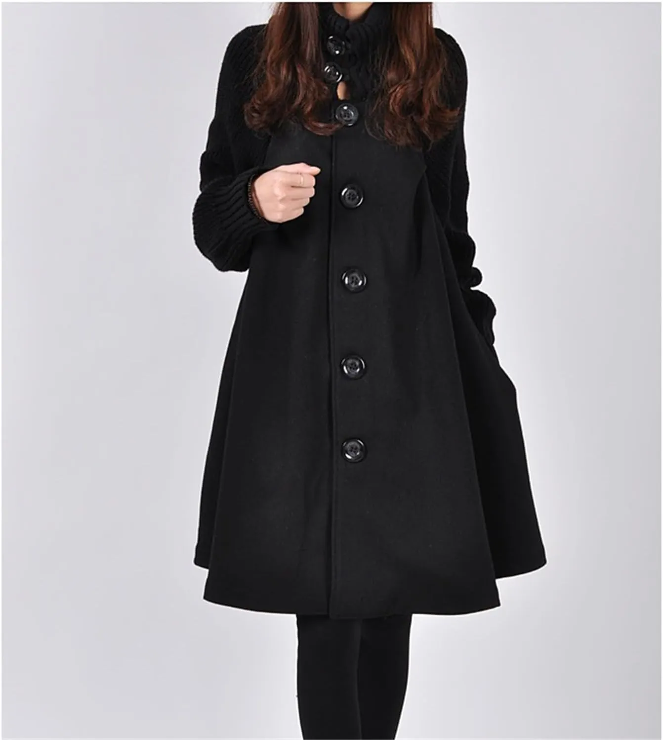 Andongnywell Women's Big Notch Lapel Single Breasted Mid-Long Wool Blend Coat Cloak Coat Jacket Winter A-line Skirt