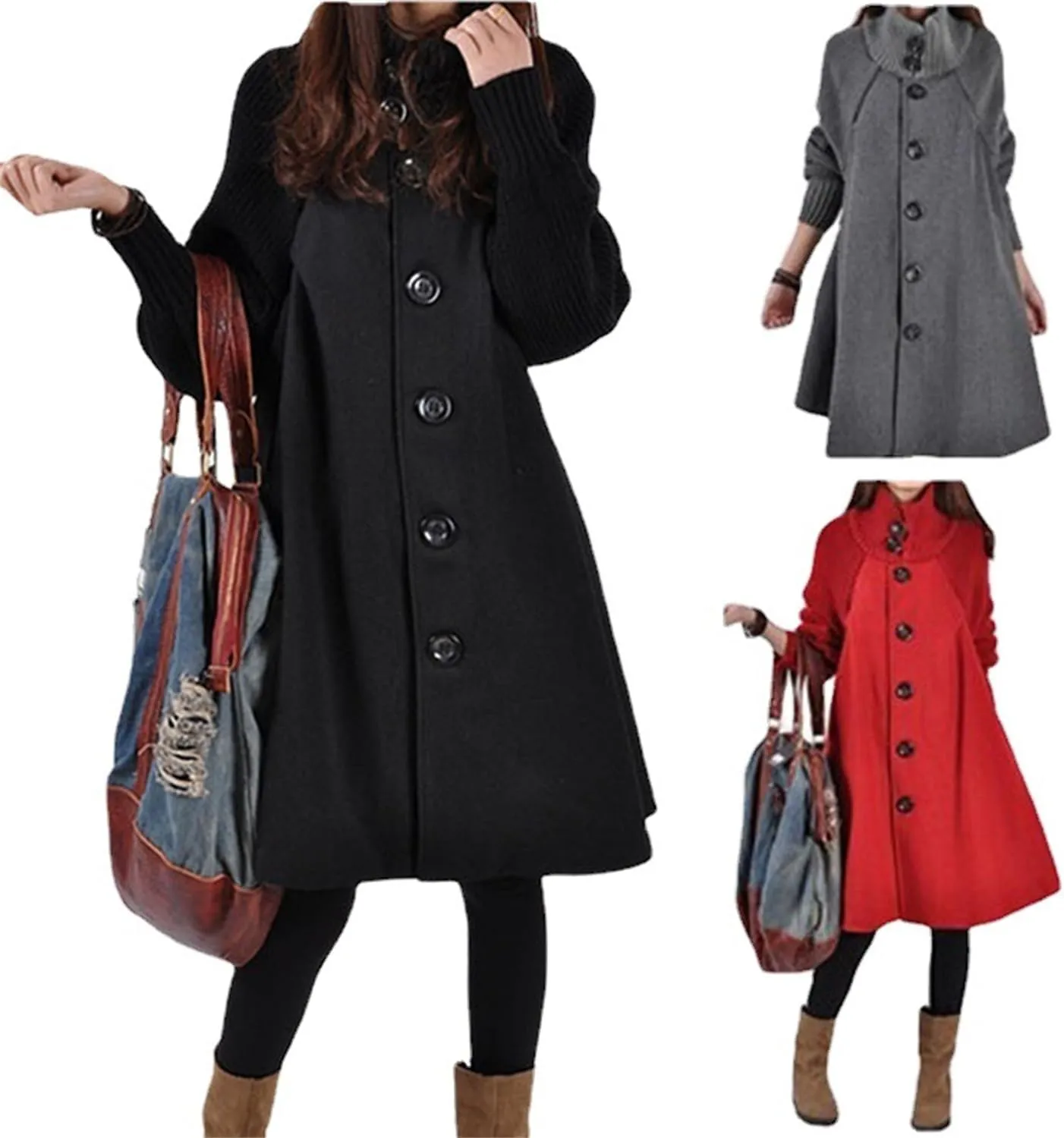 Andongnywell Women's Big Notch Lapel Single Breasted Mid-Long Wool Blend Coat Cloak Coat Jacket Winter A-line Skirt