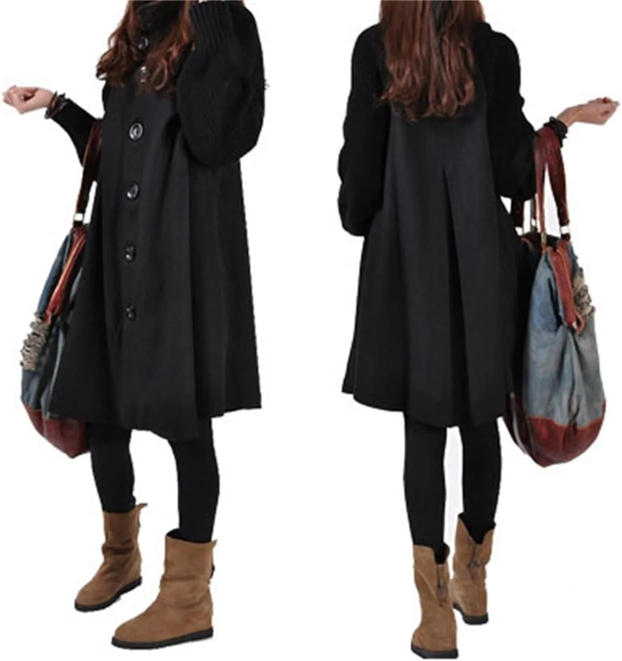 Andongnywell Women's Big Notch Lapel Single Breasted Mid-Long Wool Blend Coat Cloak Coat Jacket Winter A-line Skirt