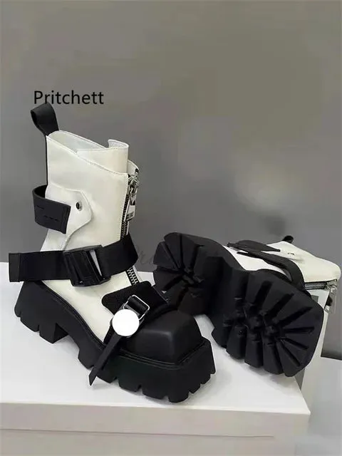 Belt Buckle Square Toe Ankle Boots