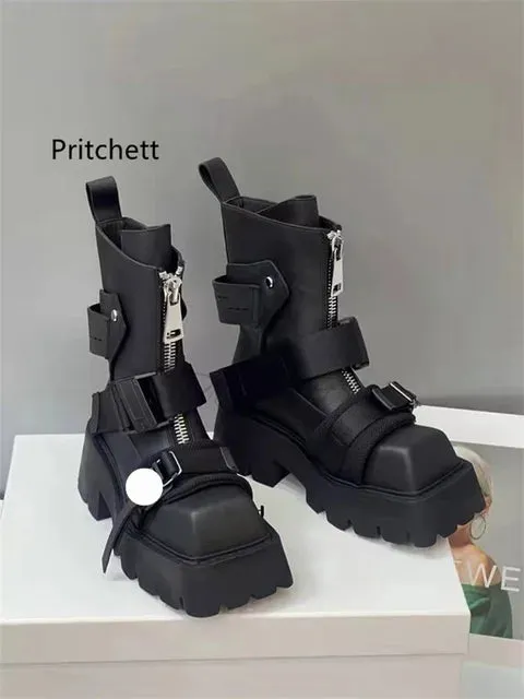 Belt Buckle Square Toe Ankle Boots