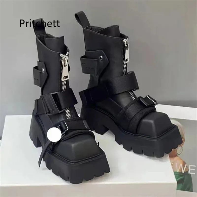 Belt Buckle Square Toe Ankle Boots