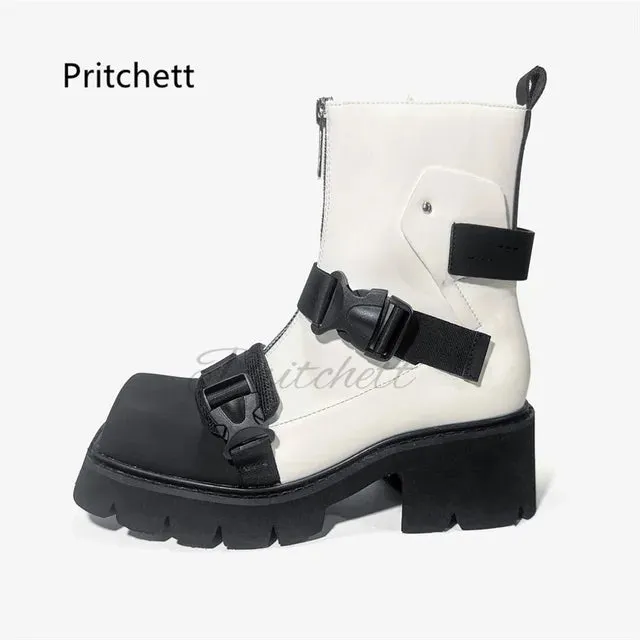 Belt Buckle Square Toe Ankle Boots