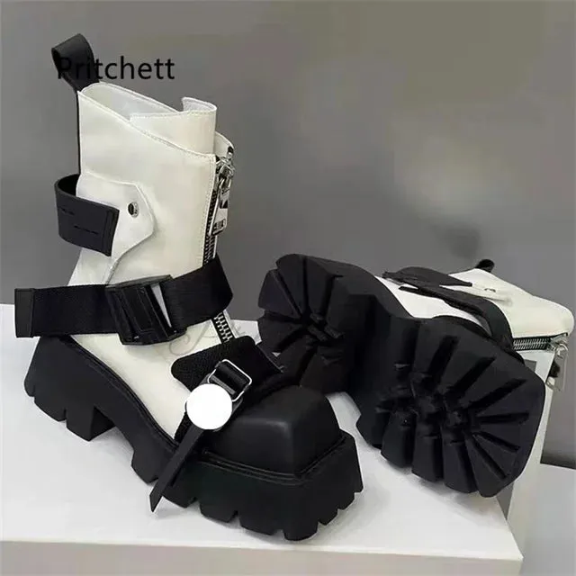 Belt Buckle Square Toe Ankle Boots