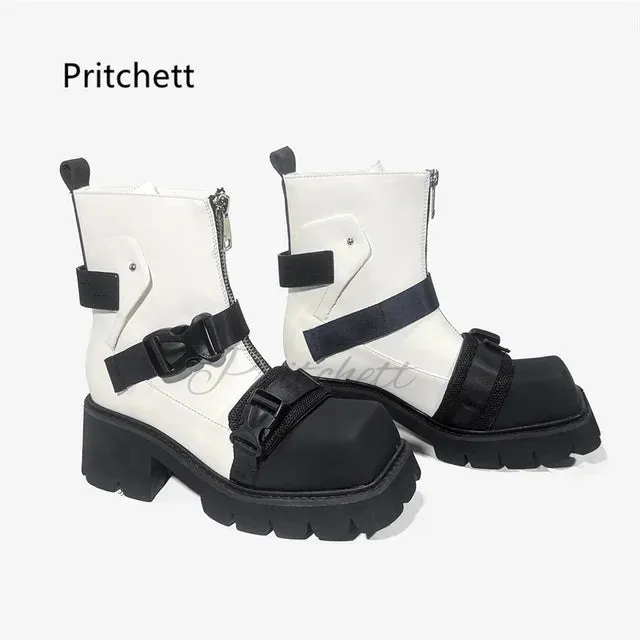 Belt Buckle Square Toe Ankle Boots
