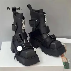 Belt Buckle Square Toe Ankle Boots