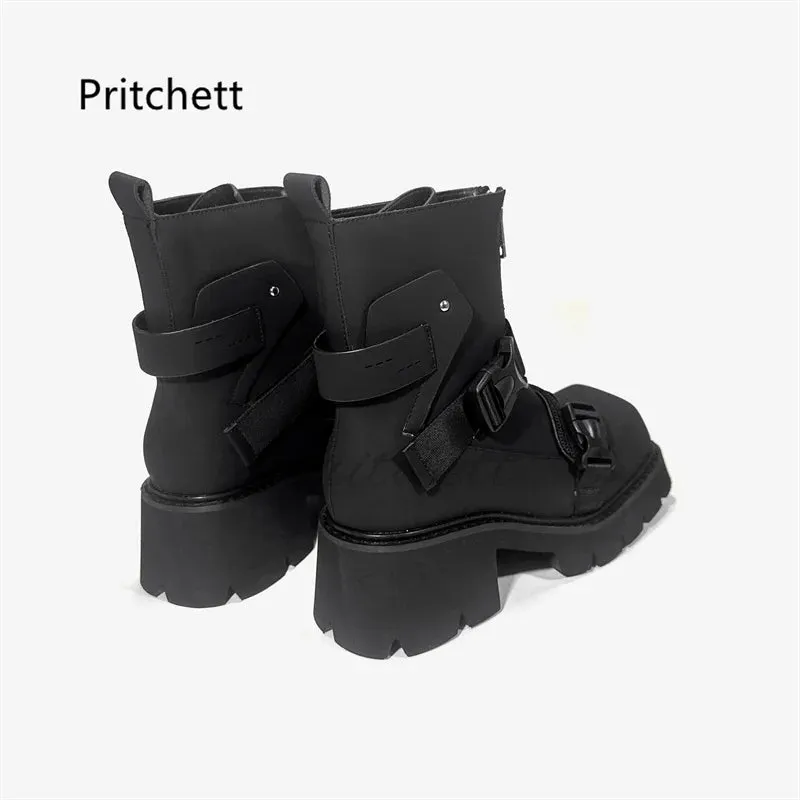 Belt Buckle Square Toe Ankle Boots