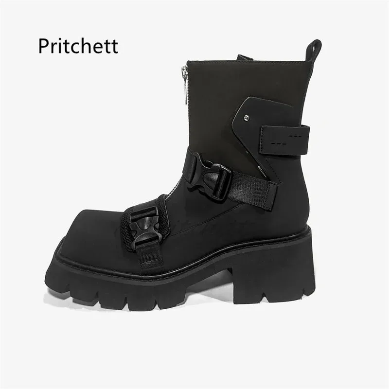 Belt Buckle Square Toe Ankle Boots