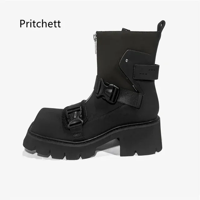 Belt Buckle Square Toe Ankle Boots