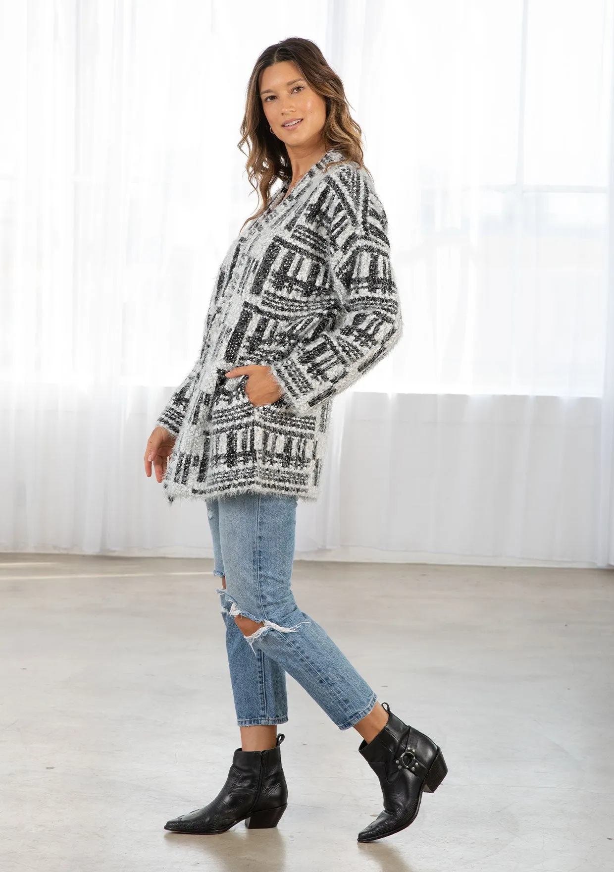 Black and White Fuzzy Long Sleeve Cardigan