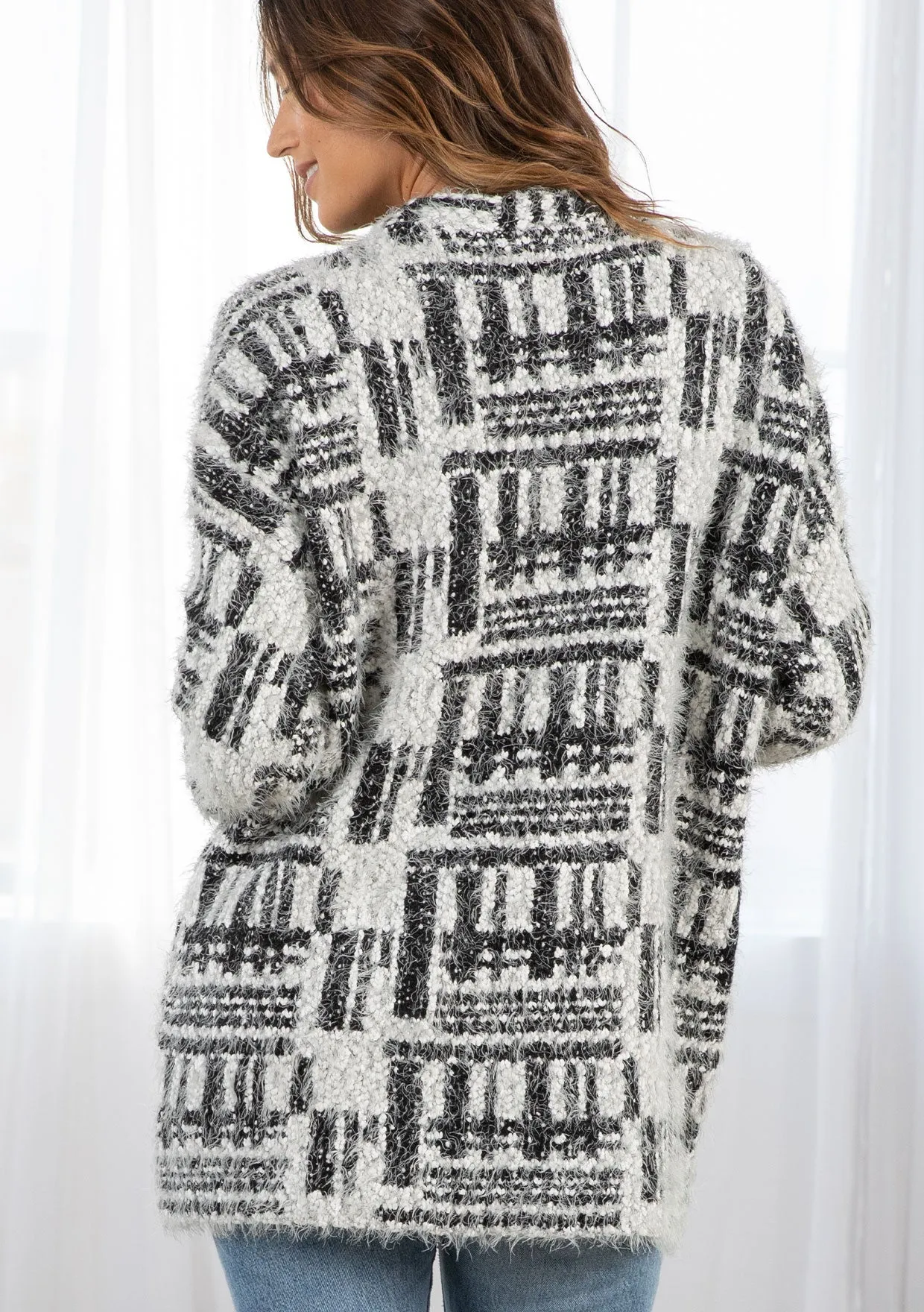 Black and White Fuzzy Long Sleeve Cardigan