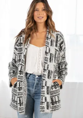 Black and White Fuzzy Long Sleeve Cardigan