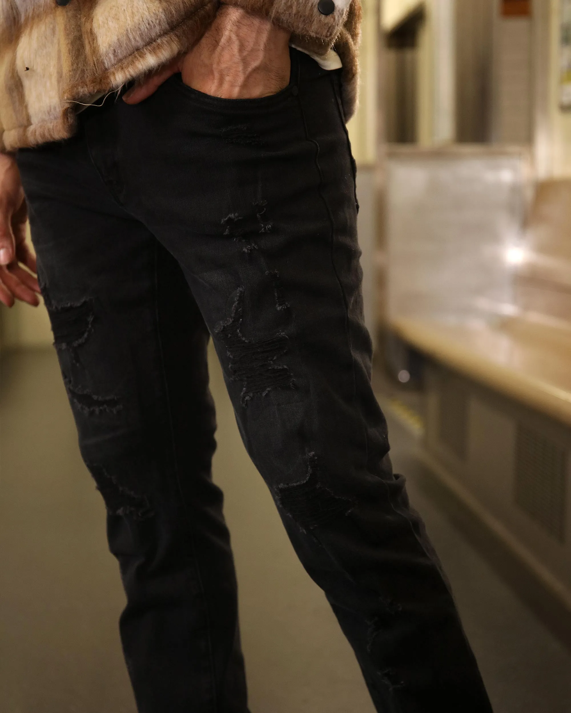 Black Jeans with Ripped and Repaired for Daily Wear