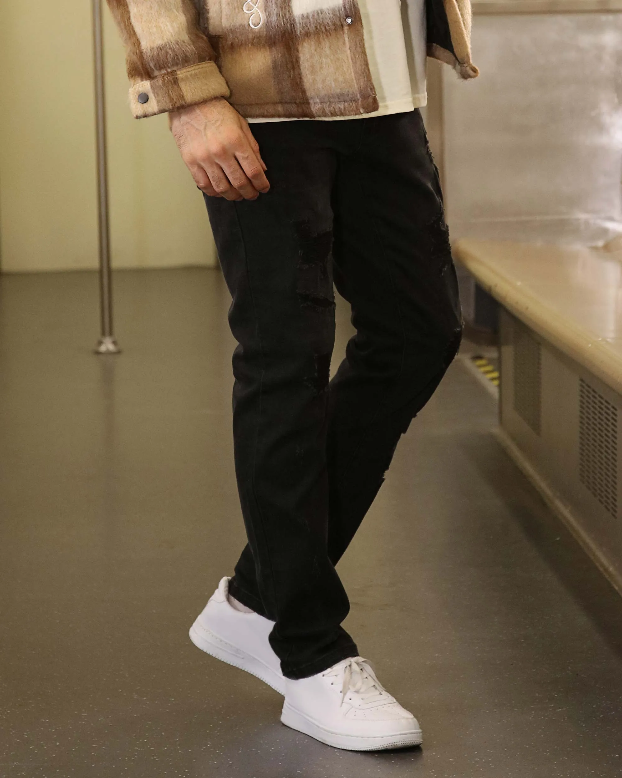 Black Jeans with Ripped and Repaired for Daily Wear