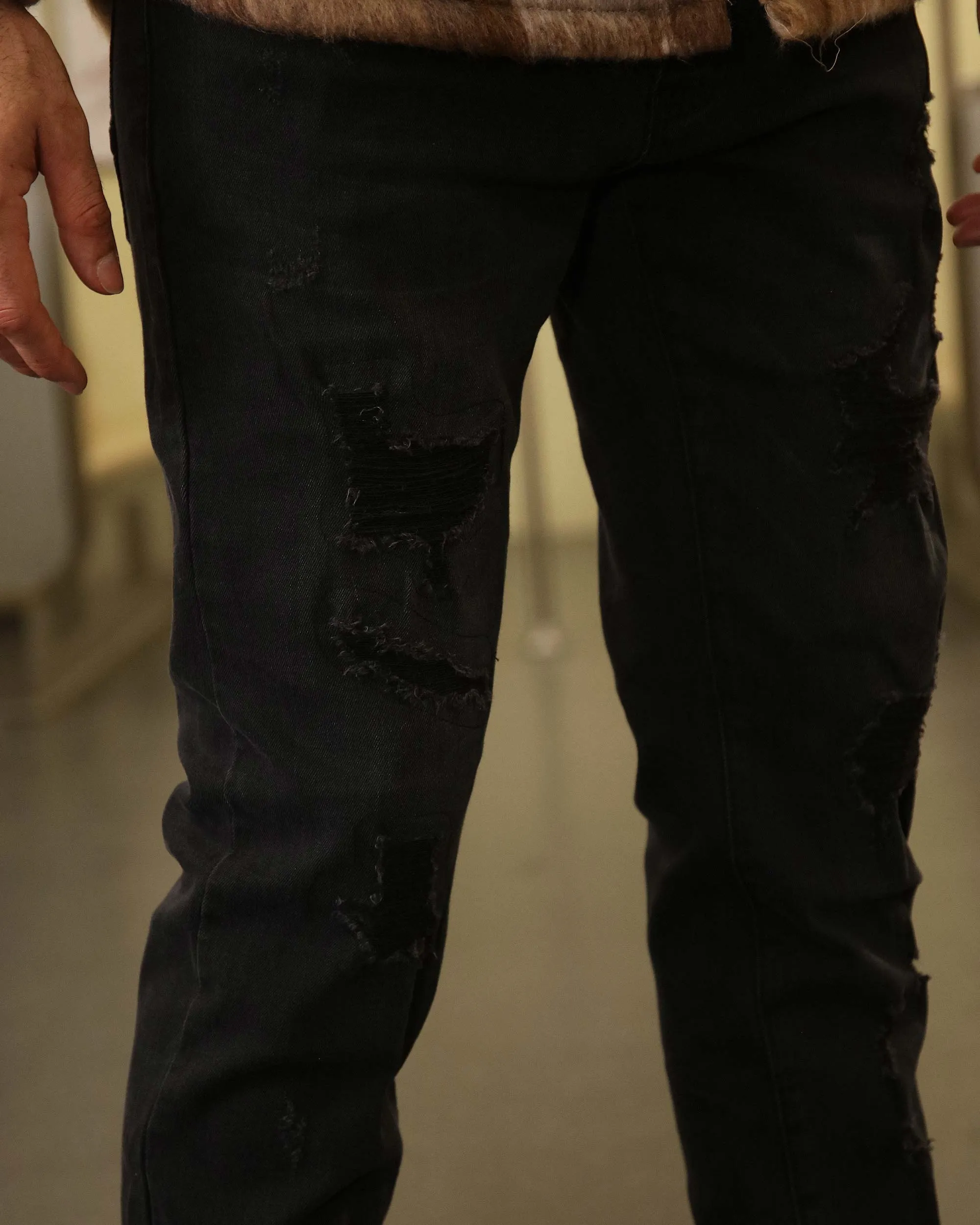 Black Jeans with Ripped and Repaired for Daily Wear
