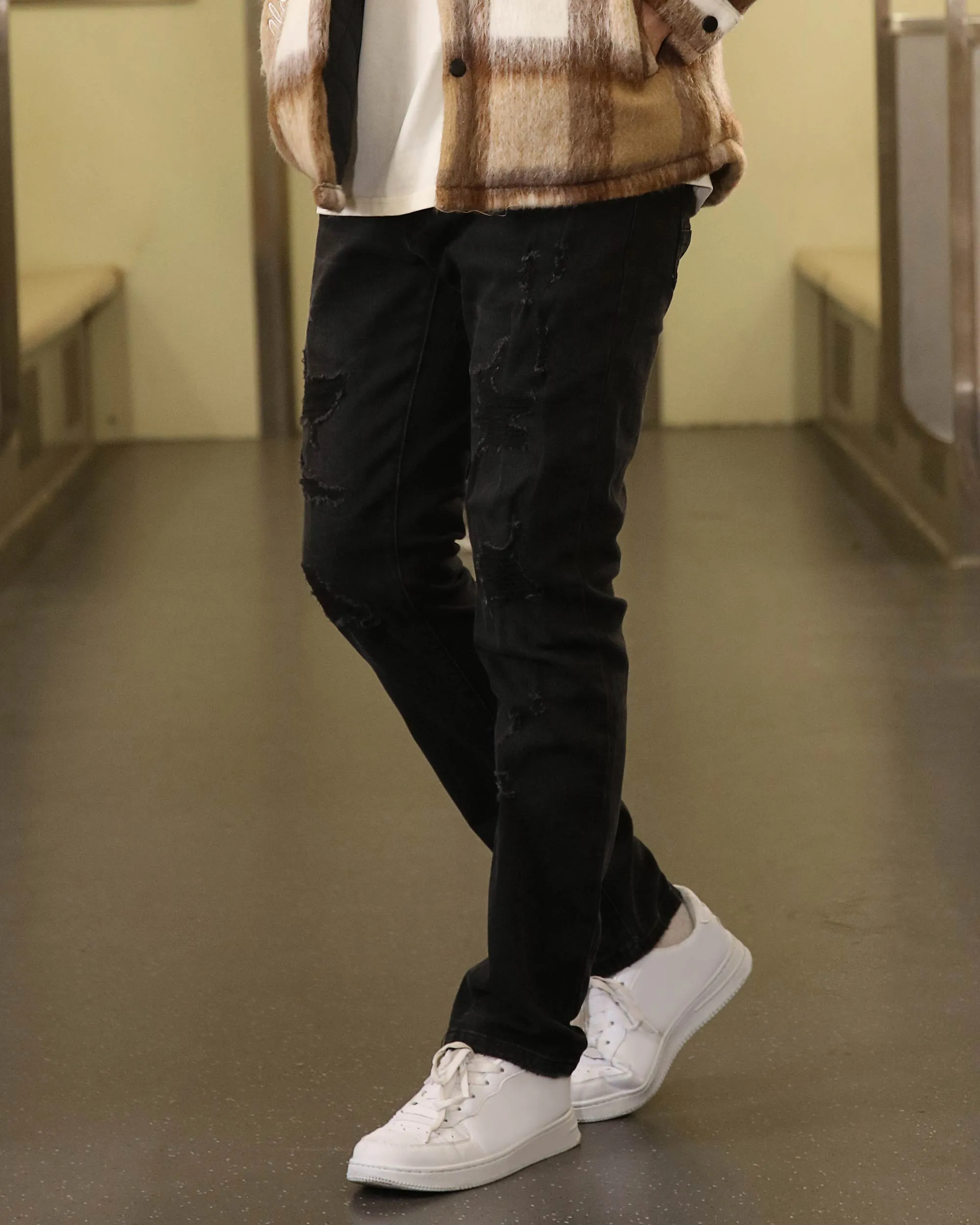 Black Jeans with Ripped and Repaired for Daily Wear