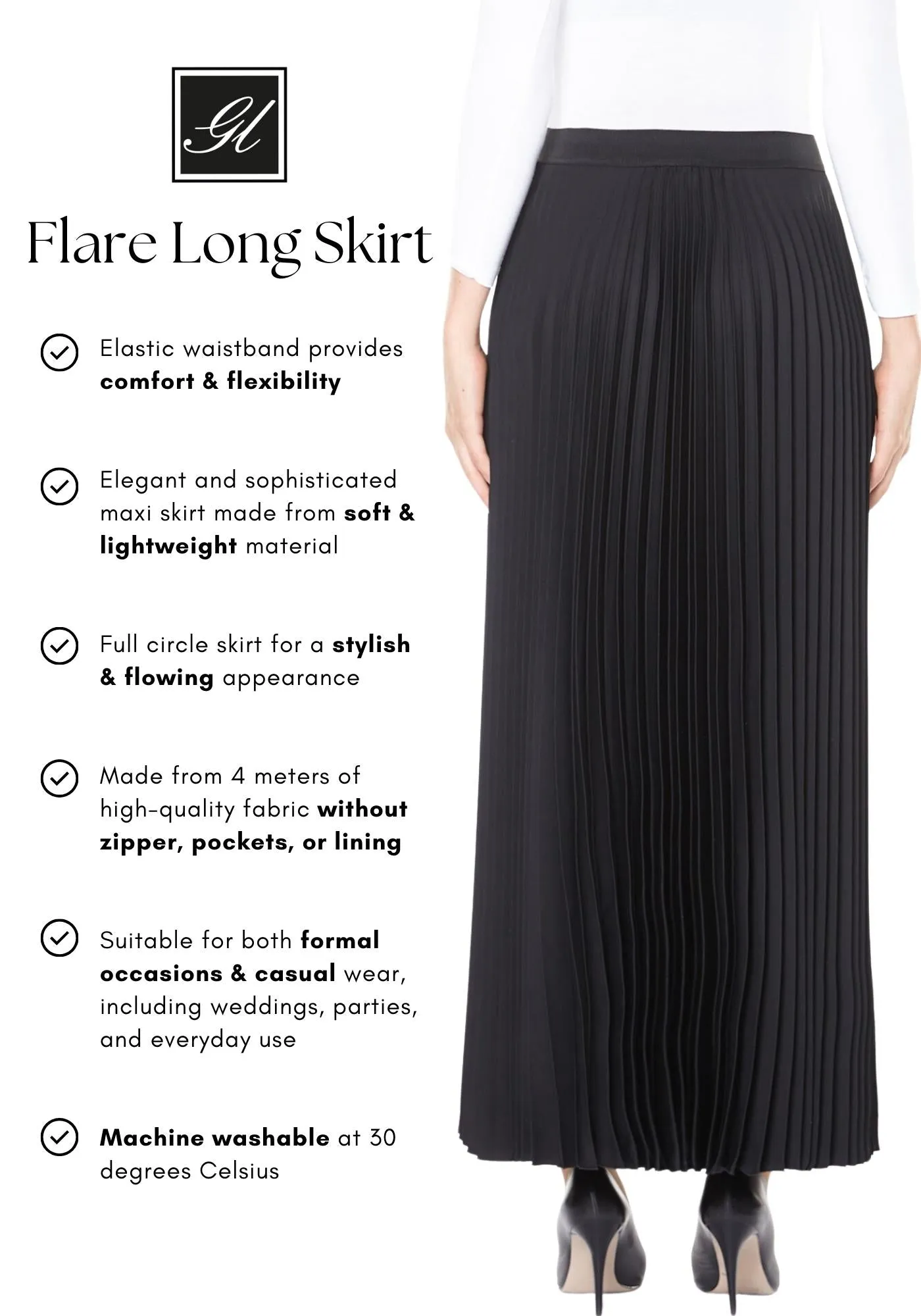 Black Pleated Maxi Skirt with Flowing Plisse Design - G-Line