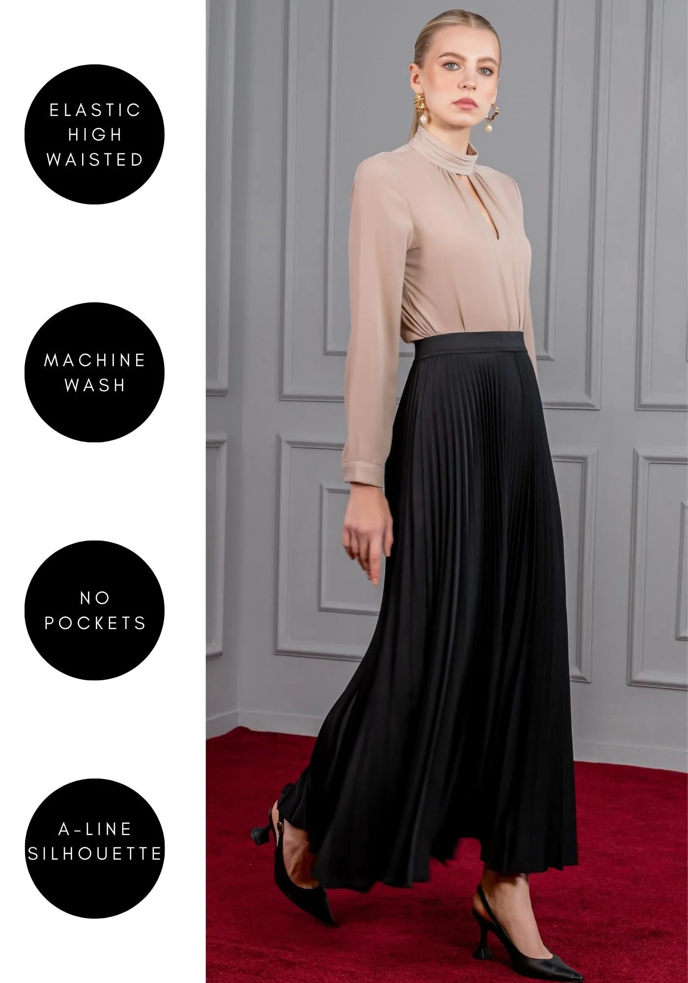 Black Pleated Maxi Skirt with Flowing Plisse Design - G-Line