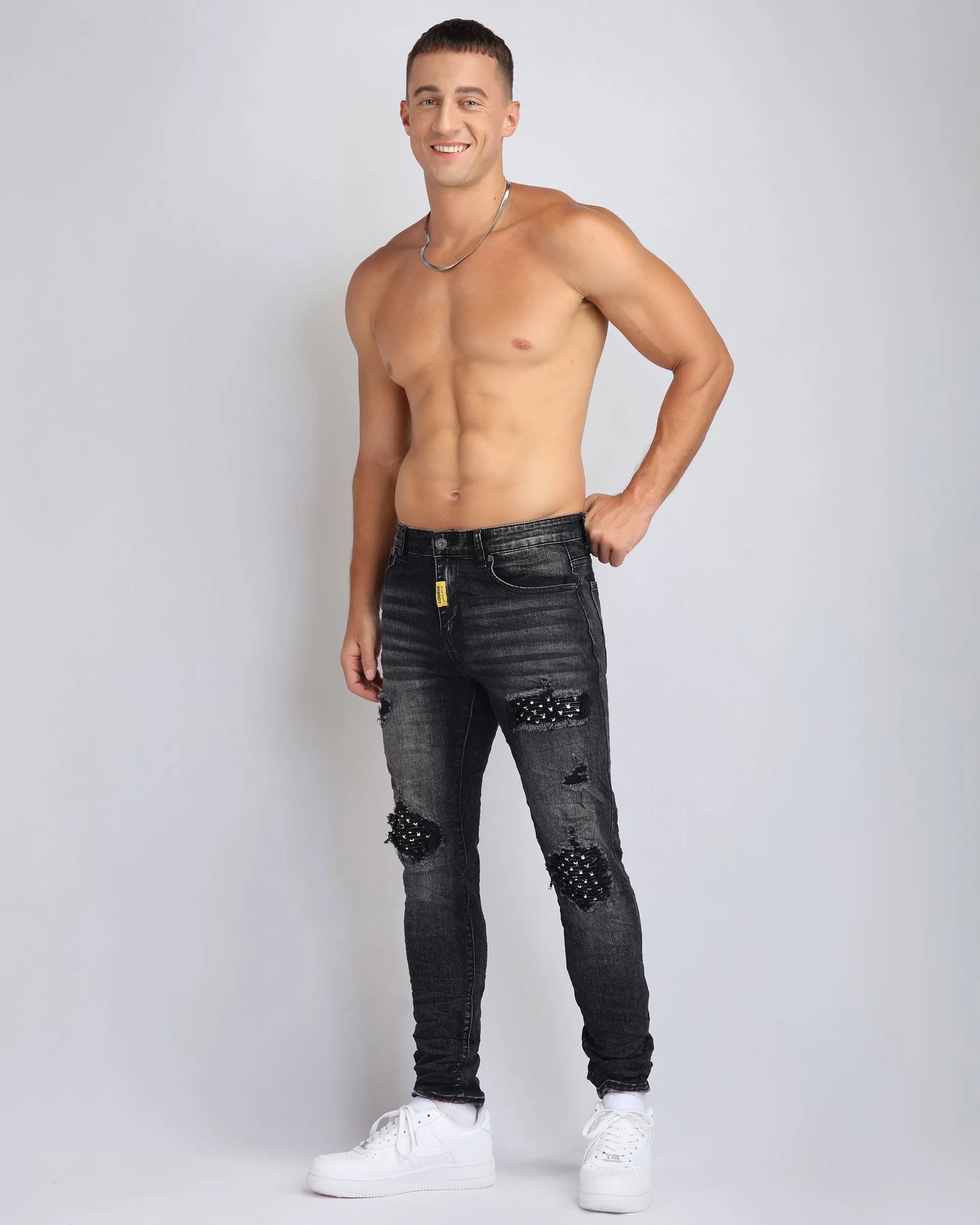 Black Ripped Jeans with Striking Black Patches-Mexico Local Delivery