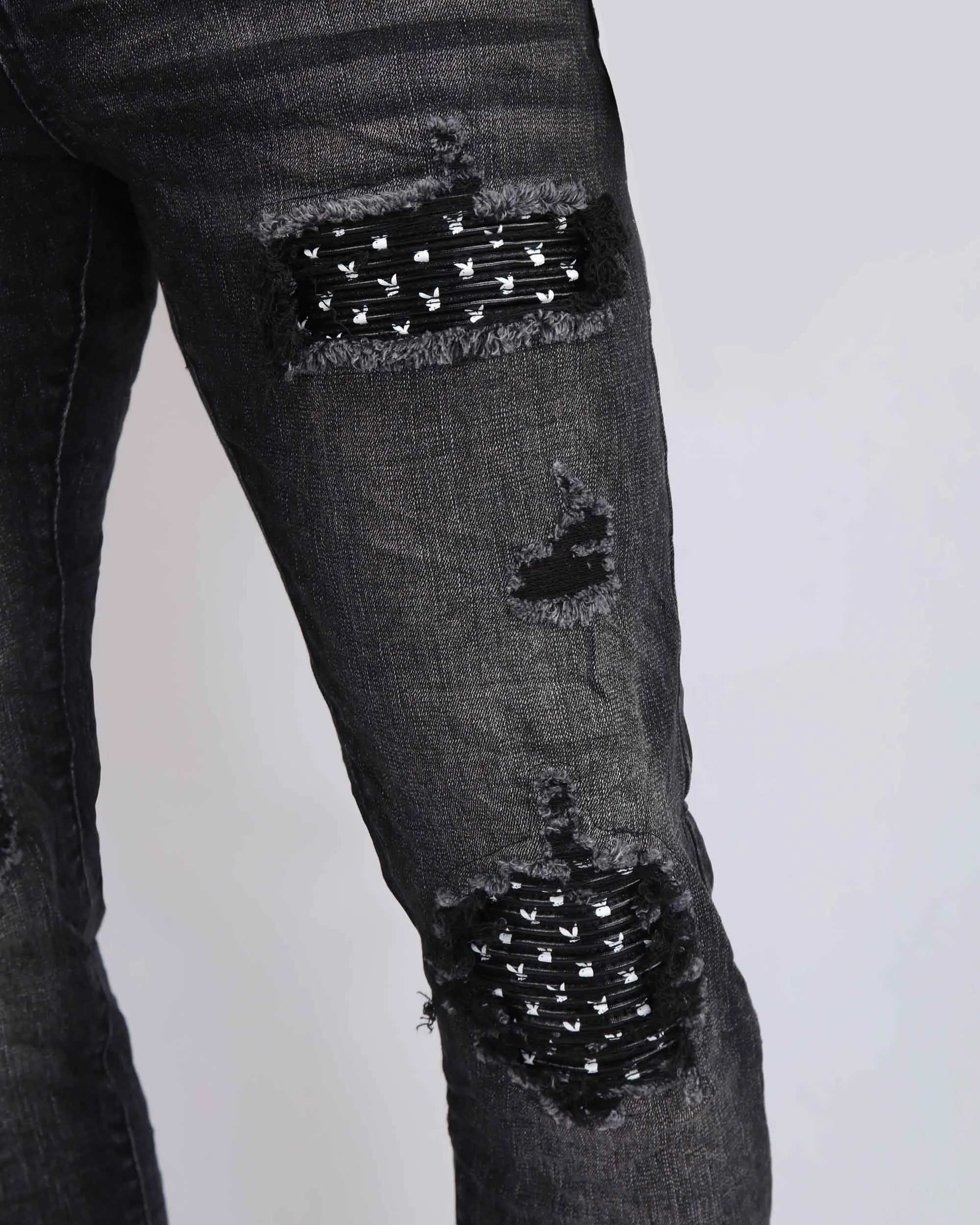 Black Ripped Jeans with Striking Black Patches-Mexico Local Delivery