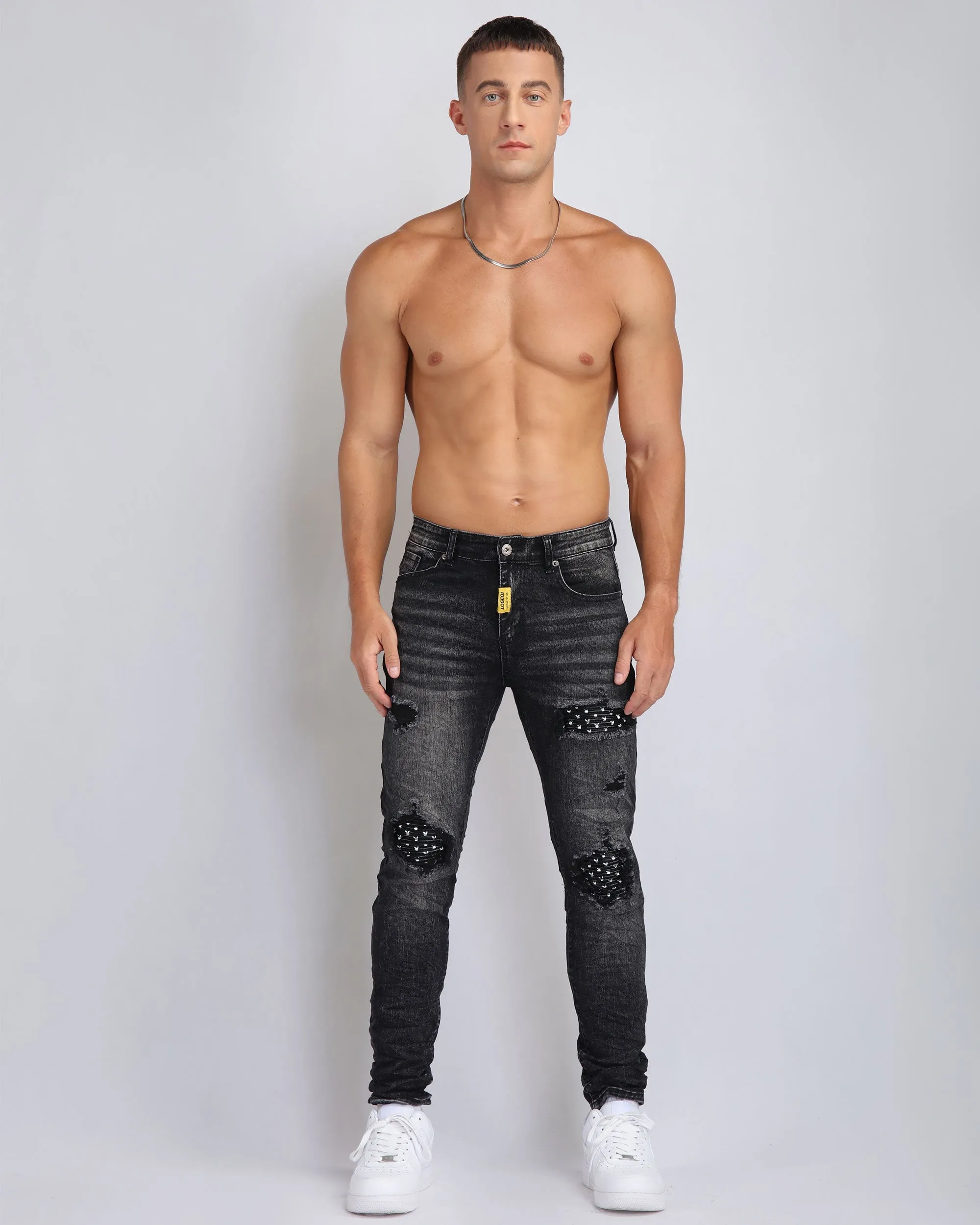 Black Ripped Jeans with Striking Black Patches-Mexico Local Delivery