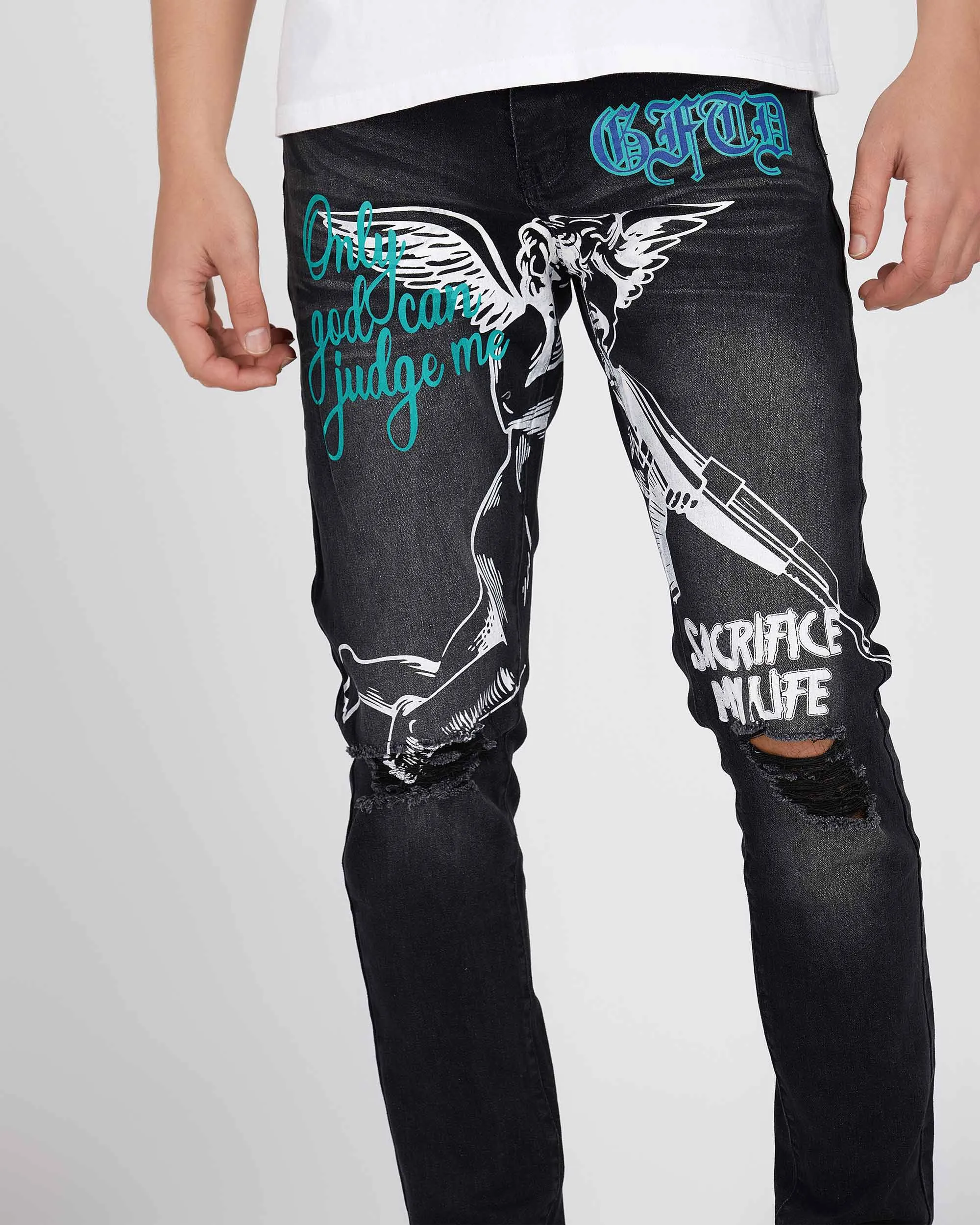 Black Slim Fit Ripped Jeans with Graffiti-Mexico Local Delivery