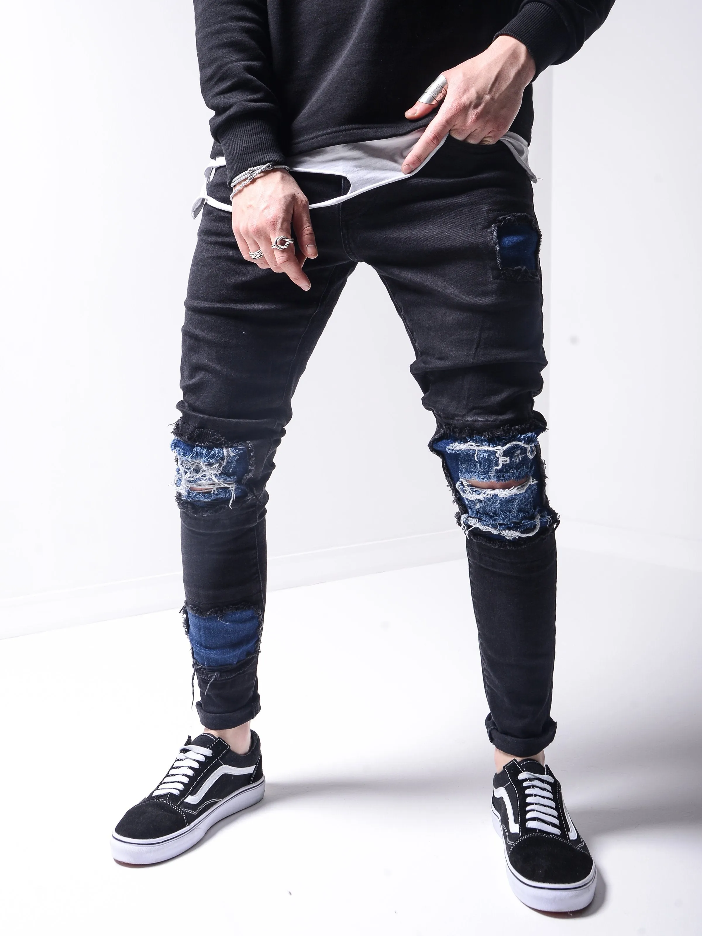 Blue Patches Ripped Jeans