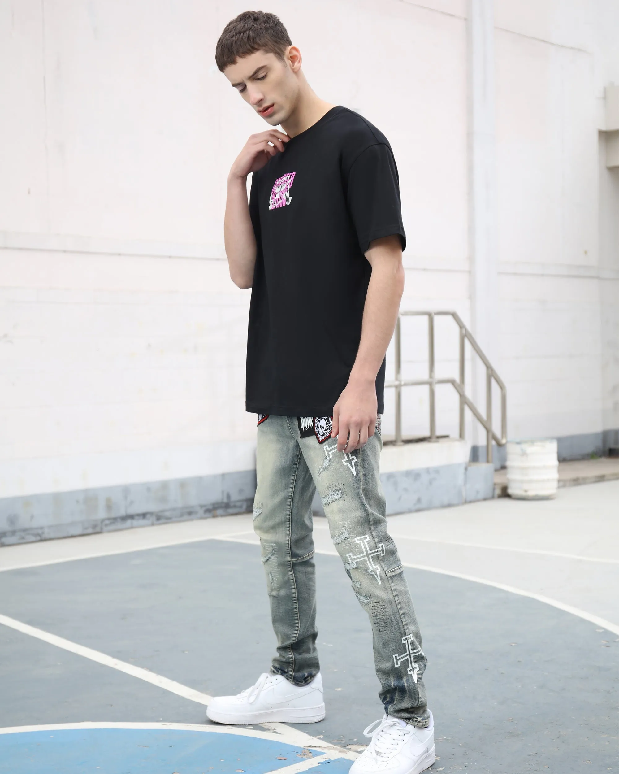 Blue Straight Leg Ripped Jeans with Graphic Print and Personalized Skull Emblem-Mexico Local Delivery