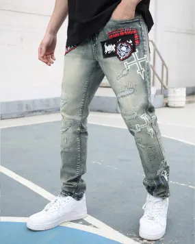 Blue Straight Leg Ripped Jeans with Graphic Print and Personalized Skull Emblem-Mexico Local Delivery