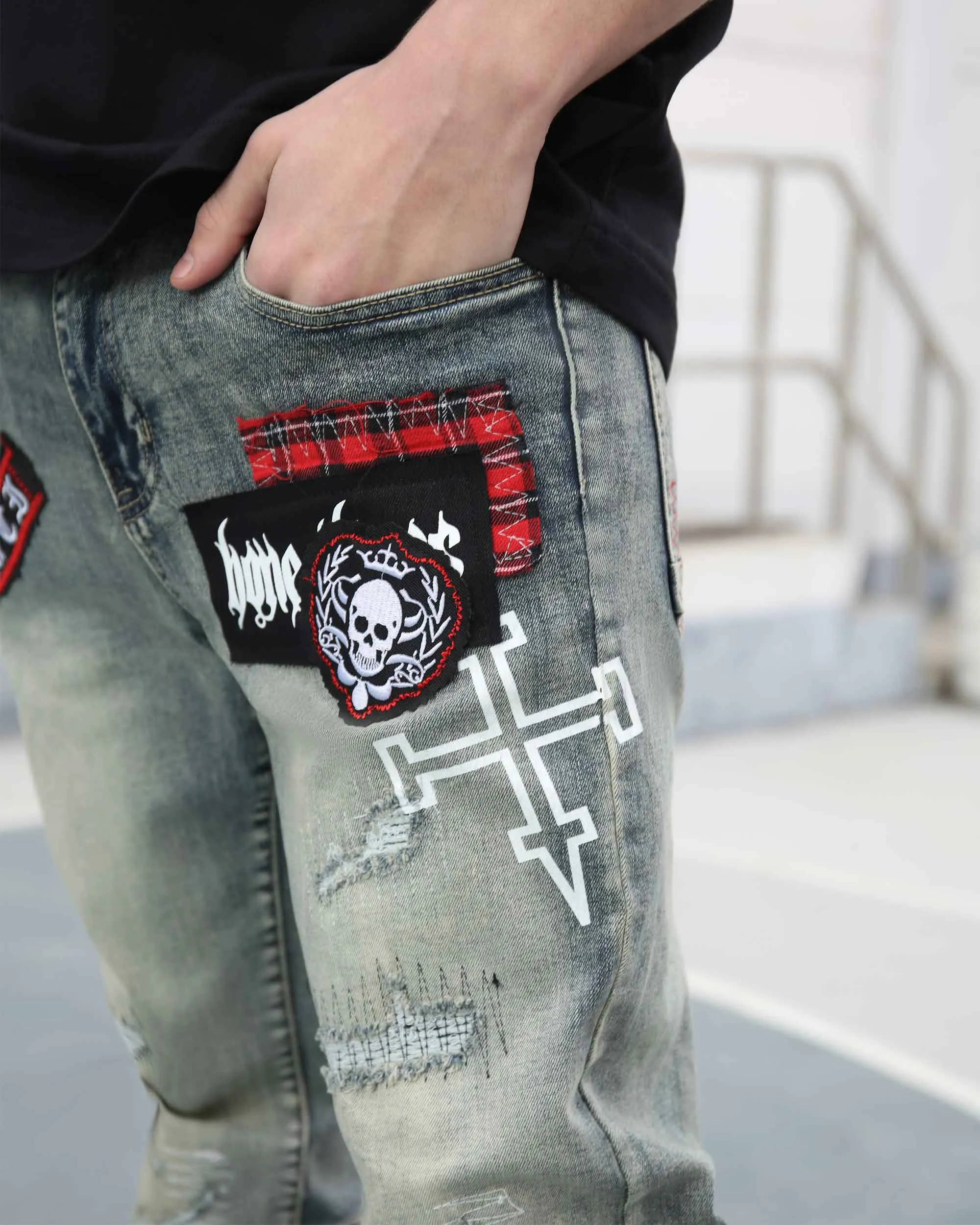 Blue Straight Leg Ripped Jeans with Graphic Print and Personalized Skull Emblem-Mexico Local Delivery
