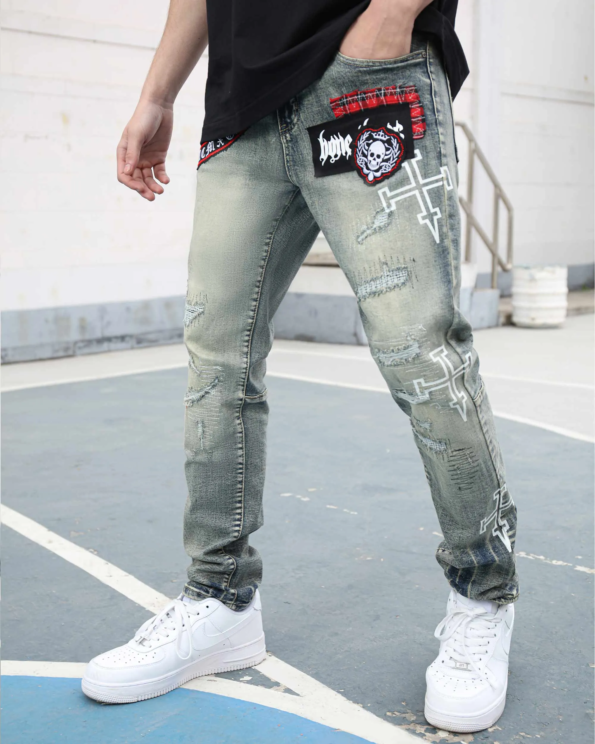 Blue Straight Leg Ripped Jeans with Graphic Print and Personalized Skull Emblem-Mexico Local Delivery