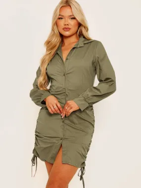 Bobbi Side Ruched Buttoned Shirt Dress In Khaki