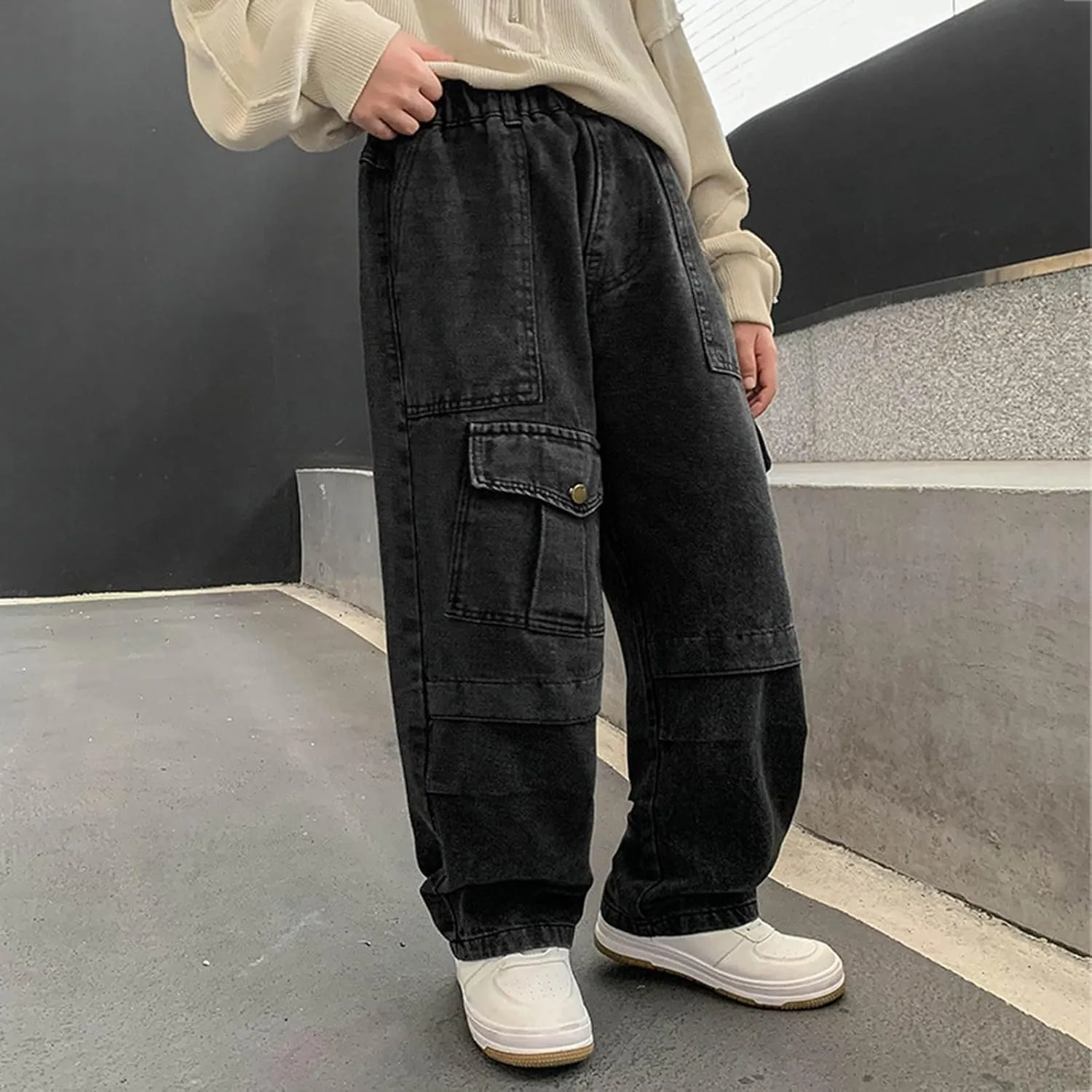 Boys Baggy Cargo Jeans Elastic Waisted Hip Hop Denim Pants Wide Leg Multi Pockets Trendy Vintage Aesthetic Jeans