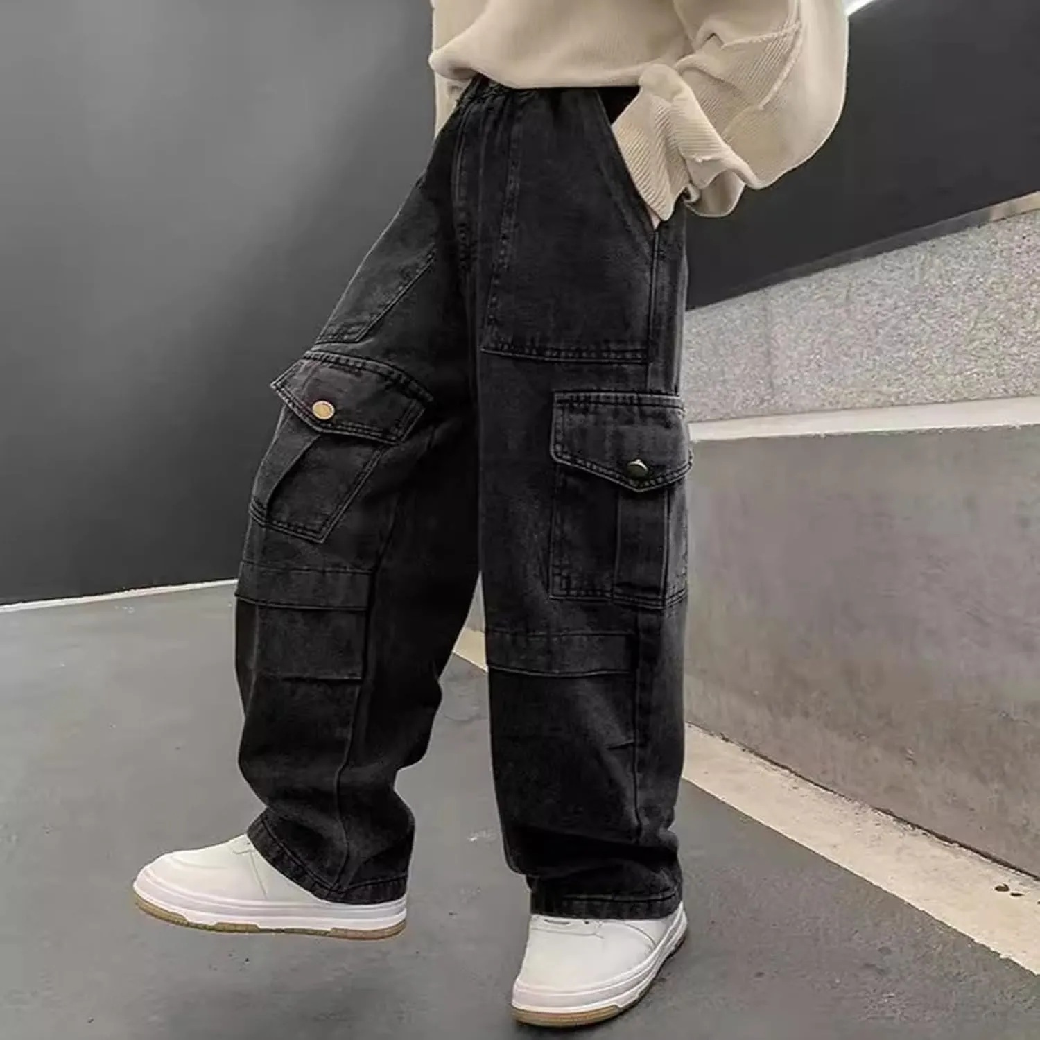 Boys Baggy Cargo Jeans Elastic Waisted Hip Hop Denim Pants Wide Leg Multi Pockets Trendy Vintage Aesthetic Jeans