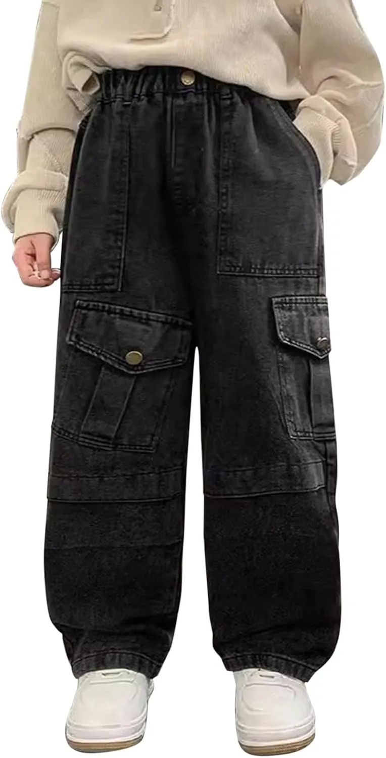 Boys Baggy Cargo Jeans Elastic Waisted Hip Hop Denim Pants Wide Leg Multi Pockets Trendy Vintage Aesthetic Jeans