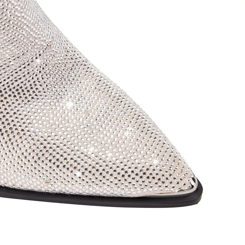 Calf Pointed Head Lightning Water Diamond Large Heel Short Boots