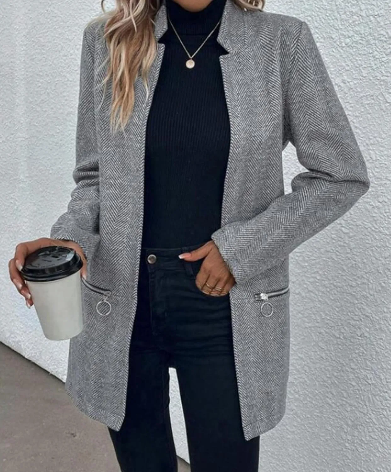 CHARTOU Women Winter Mid Long Wool Coat Jacket Open Front Pea Coat Blazer Casual Stand Collar Peacoat Trench Coat Overcoat