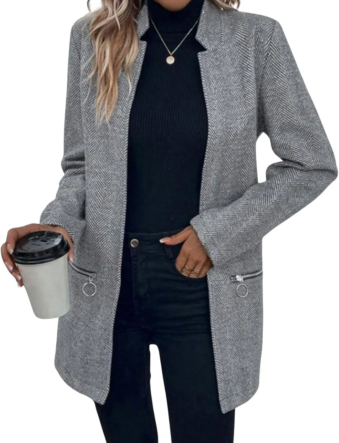 CHARTOU Women Winter Mid Long Wool Coat Jacket Open Front Pea Coat Blazer Casual Stand Collar Peacoat Trench Coat Overcoat