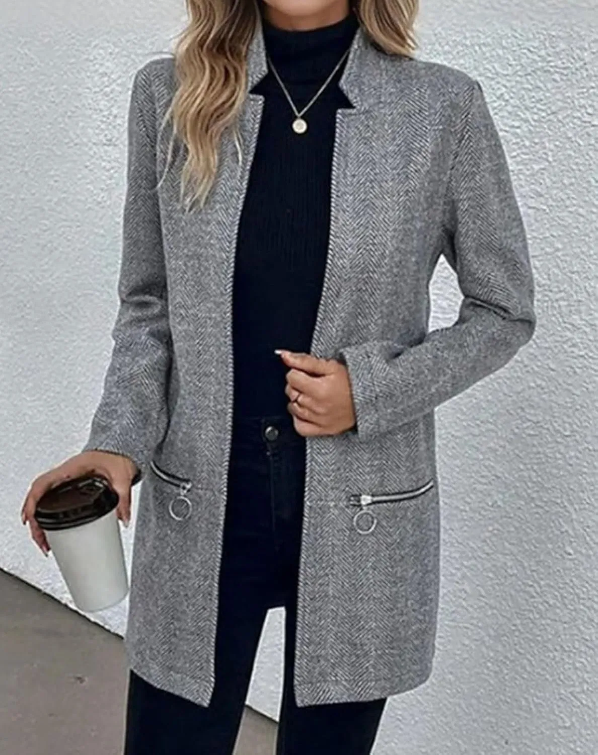 CHARTOU Women Winter Mid Long Wool Coat Jacket Open Front Pea Coat Blazer Casual Stand Collar Peacoat Trench Coat Overcoat