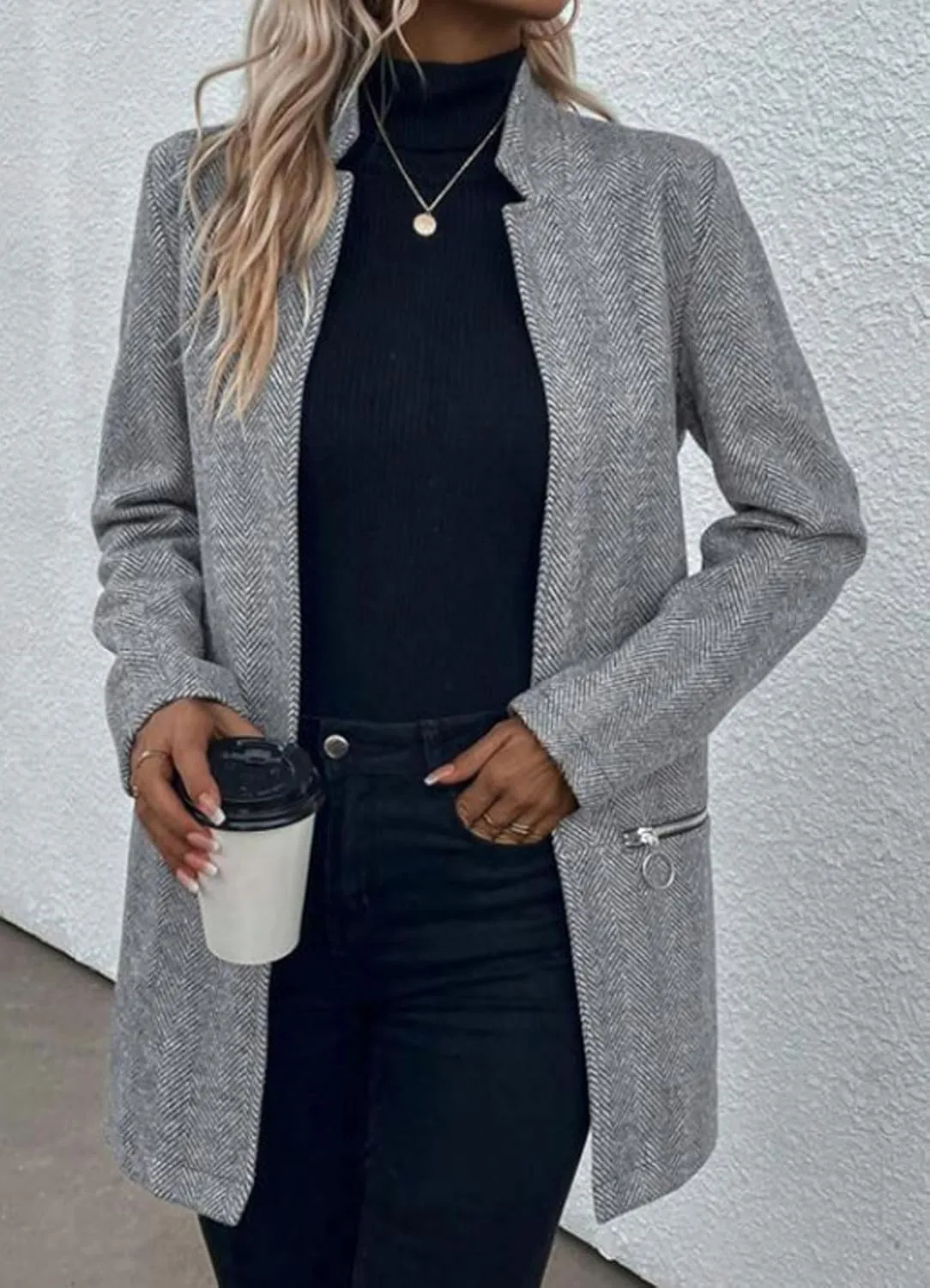 CHARTOU Women Winter Mid Long Wool Coat Jacket Open Front Pea Coat Blazer Casual Stand Collar Peacoat Trench Coat Overcoat